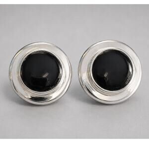 Vintage Silver & Black Round Pierced Earrings, 1" kp-25